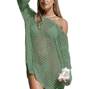 CUPSHE Women Crochet Swimsuit Cover Ups One Shoulder Long Sleeve Beach Coverup Tops(Light Green)