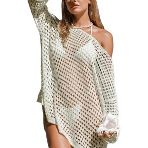CUPSHE Women Crochet Swimsuit Cover Ups One Shoulder Long Sleeve Beach Coverup Tops(Sand)