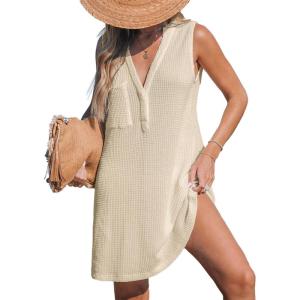 CUPSHE Women Swimsuit Cover Up Sleeveless Waffle Knit Summer Mini Beach Coverup Dress(Apricot)