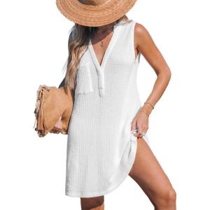 CUPSHE Women Swimsuit Cover Up Sleeveless Waffle Knit Summer Mini Beach Coverup Dress(White)
