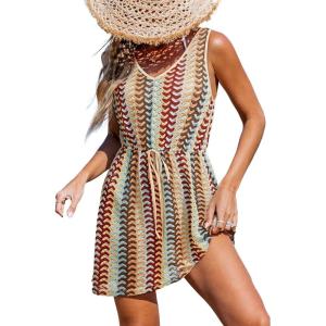 CUPSHE Women Swimsuit Cover Up V Neck Sleeveless Waffle Knit Beach Coverup Dress(U Back-blue Striped)