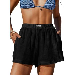 CUPSHE Women’s Casual Shorts Cotton High Rise Beach Cover Ups Summer Shorts with Pockets(Black)