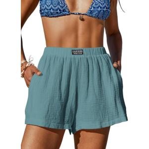 CUPSHE Women’s Casual Shorts Cotton High Rise Beach Cover Ups Summer Shorts with Pockets(Lake Blue)