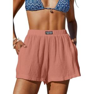 CUPSHE Women’s Casual Shorts Cotton High Rise Beach Cover Ups Summer Shorts with Pockets(Pink)