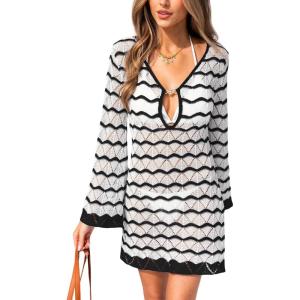 CUPSHE Women’s Crochet Swimsuit Cover Ups Summer Striped Long Sleeve Beach Coverup Dress for Swimwear(Black)