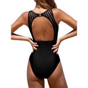 CUPSHE Women’s One Piece Swimsuit Bathing Suit Tummy Control High Neck Cutout Back Hook Mesh Swimwear(Black)