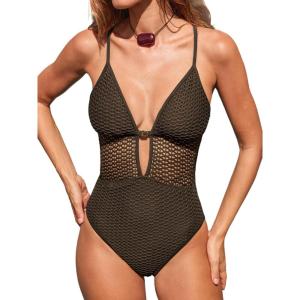 CUPSHE Women’s One Piece Swimsuit Plunging Neck Cutouts Bathing Suit Textured Crisscross Back Self Tie Swimwear(Brown)