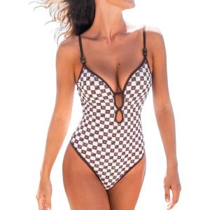 CUPSHE Women’s One Piece Swimsuit Plunging V Neck Keyhole Bathing Suit Cutout Adjustable Straps Spaghetti Color Block(Brown/White Plaid)