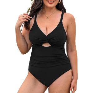 CUPSHE Women’s One Piece Swimsuit Plus Size V Neck Bathing Suit Front Wrap Crisscross Back Tie Ruched Cutout Swimwear(Black)
