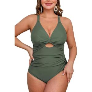 CUPSHE Women’s One Piece Swimsuit Plus Size V Neck Bathing Suit Front Wrap Crisscross Back Tie Ruched Cutout Swimwear(Eucalyptus Green)