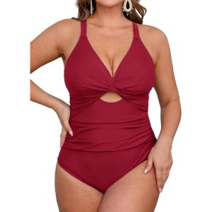 CUPSHE Women’s One Piece Swimsuit Plus Size V Neck Bathing Suit Front Wrap Crisscross Back Tie Ruched Cutout Swimwear(Red)