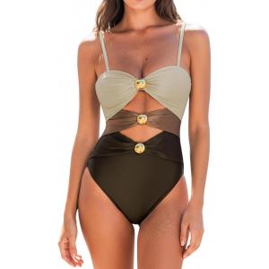 CUPSHE Women’s One Piece Swimsuit Sexy Cutout Color Block Bathing Suit Golden O Ring Linked Swimwear Back Hook(Dark Brown/Khaki)