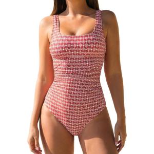 CUPSHE Women’s One Piece Swimsuit Square Neck Bathing Suit Wide Straps Back Hook Cutout Ruched Swimwear(Brick Red/Geo)