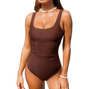 CUPSHE Women’s One Piece Swimsuit Square Neck Bathing Suit Wide Straps Back Hook Cutout Ruched Swimwear(Chocolate Brown)