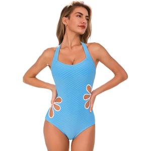 CUPSHE Women’s One Piece Swimsuit Square Neck Halter Self Tie Bathing Suit Cutouts Jacquard Swimwear Twisted(Sky Blue)