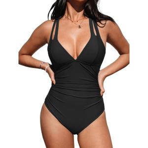 CUPSHE Women’s One Piece Swimsuit Tummy Control Deep V Neck Double Straps Crisscross Back Tie Bathing Suit(Black)