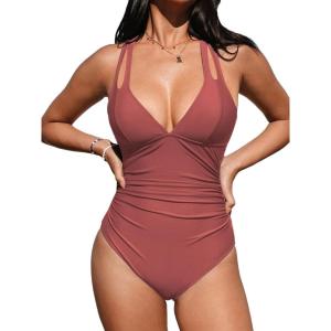 CUPSHE Women’s One Piece Swimsuit Tummy Control Deep V Neck Double Straps Crisscross Back Tie Bathing Suit(Brick Red)