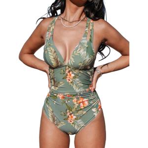 CUPSHE Women’s One Piece Swimsuit Tummy Control Deep V Neck Double Straps Crisscross Back Tie Bathing Suit(Moss Green/Tropical)