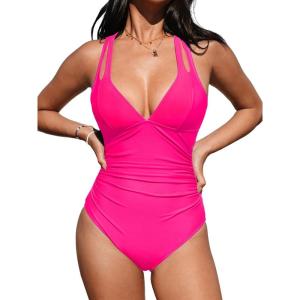 CUPSHE Women’s One Piece Swimsuit Tummy Control Deep V Neck Double Straps Crisscross Back Tie Bathing Suit(Neon Pink)