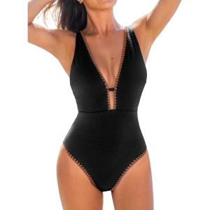 CUPSHE Women’s One Piece Swimsuit Tummy Control V Neck Cutout Bathing Suit Crisscross Back Textured Cheeky Bottom(Black)