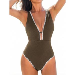 CUPSHE Women’s One Piece Swimsuit Tummy Control V Neck Cutout Bathing Suit Crisscross Back Textured Cheeky Bottom(Coffee Brown)