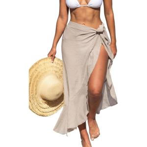 CUPSHE Women’s Sarong Cover Up Chiffon Swimwear Wrap Skirt Self Tie Ruffle Beach Cover Ups(Beige)