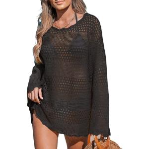 CUPSHE Women’s Swimsuit Cover Up Crochet Bathing Suit Mesh Swimwear Knit Pullover Beach Dress(Black)