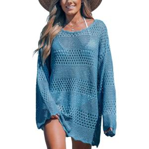 CUPSHE Women’s Swimsuit Cover Up Crochet Bathing Suit Mesh Swimwear Knit Pullover Beach Dress(Blue)