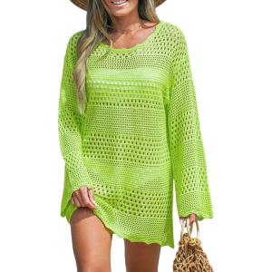 CUPSHE Women’s Swimsuit Cover Up Crochet Bathing Suit Mesh Swimwear Knit Pullover Beach Dress(Fluo Green)