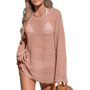 CUPSHE Women’s Swimsuit Cover Up Crochet Bathing Suit Mesh Swimwear Knit Pullover Beach Dress(Pink)