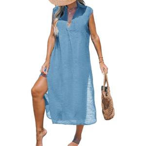 CUPSHE Women’s Swimsuit Coverup Casual Sleeveless Side Split Long Cardigans V Neck Midi Beach Dress(Grey Blue)