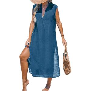 CUPSHE Women’s Swimsuit Coverup Casual Sleeveless Side Split Long Cardigans V Neck Midi Beach Dress(Snorkel Blue)