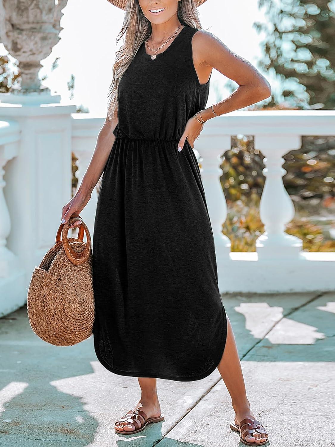 imageCUPSHE Women Knit Summer Dress Cover Up Crew Neck Elastic Waist Side Slit Midi Casual Sundress Beach Cover Up DressesBlack