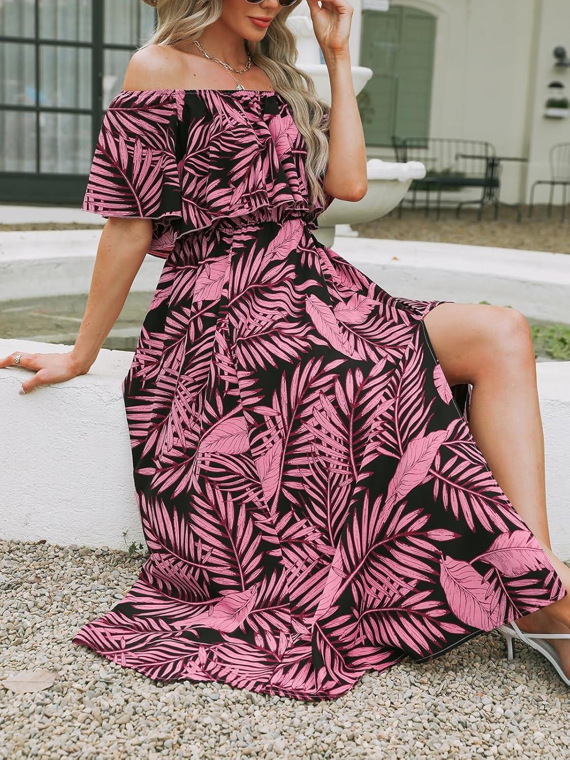 imageCUPSHE Women Ruffle Floral Maxi Summer Dress Off Shoulder Short Sleeve Backless Flounce Bodice Slit Hem Beach DressesBlack Leaf