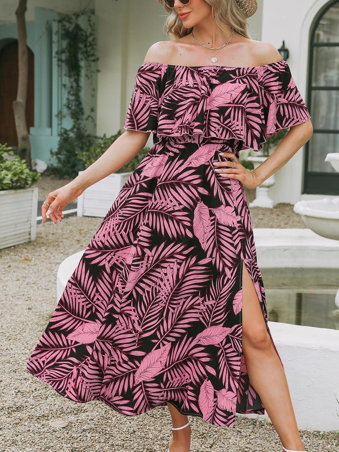 imageCUPSHE Women Ruffle Floral Maxi Summer Dress Off Shoulder Short Sleeve Backless Flounce Bodice Slit Hem Beach DressesBlack Leaf