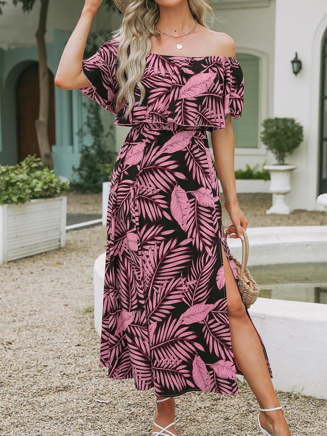 imageCUPSHE Women Ruffle Floral Maxi Summer Dress Off Shoulder Short Sleeve Backless Flounce Bodice Slit Hem Beach DressesBlack Leaf