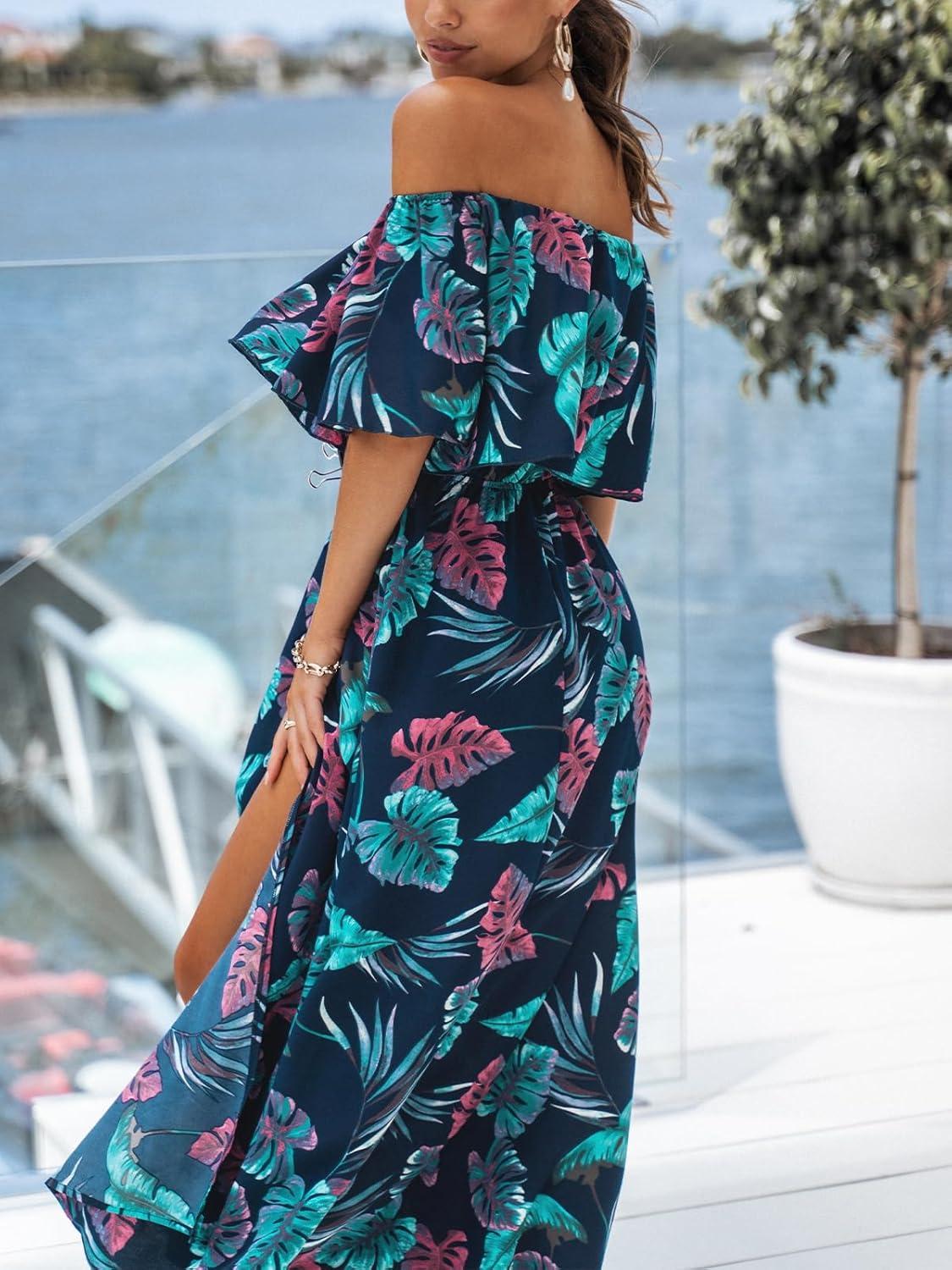 imageCUPSHE Women Ruffle Floral Maxi Summer Dress Off Shoulder Short Sleeve Backless Flounce Bodice Slit Hem Beach DressesBlue