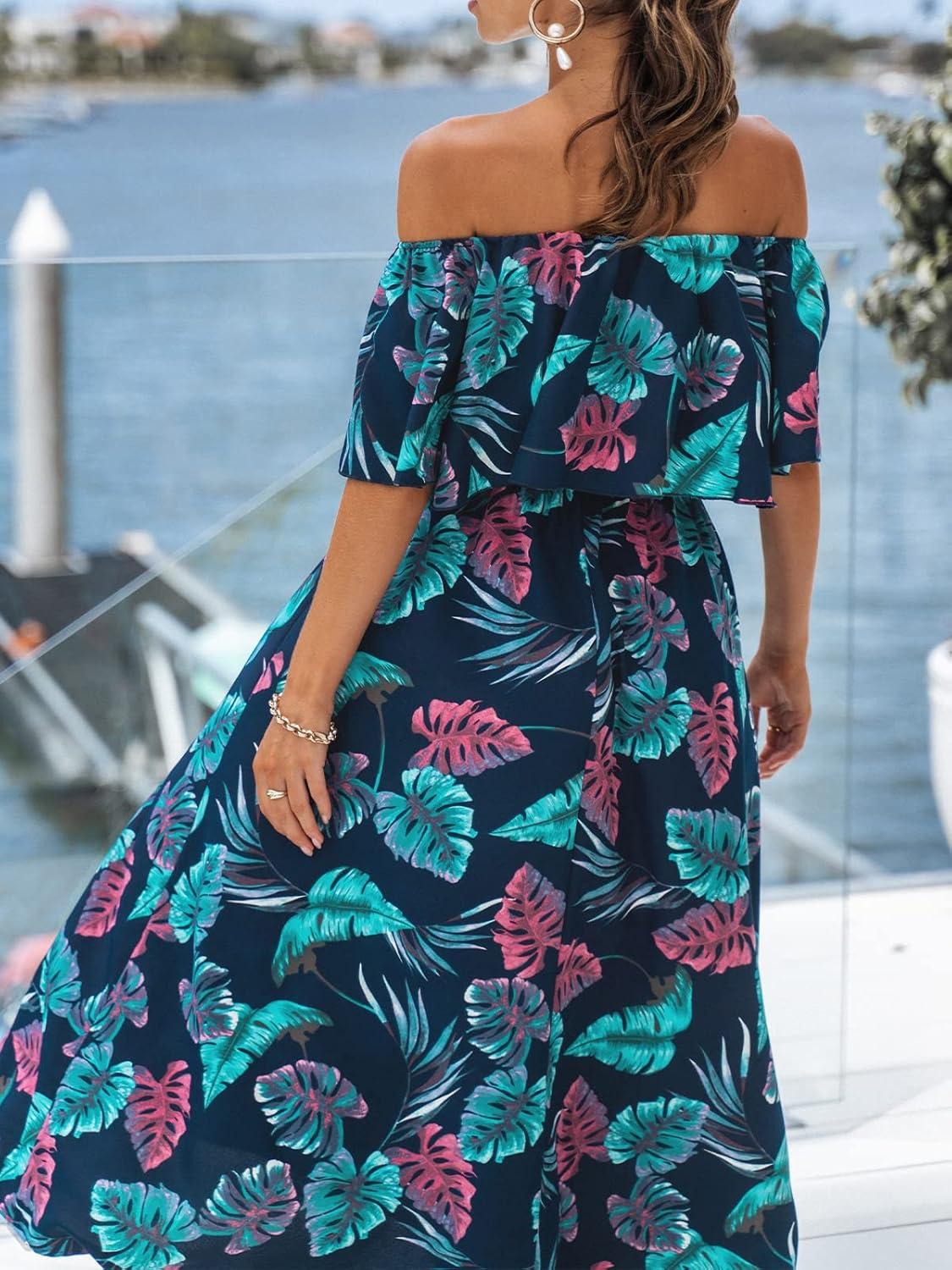 imageCUPSHE Women Ruffle Floral Maxi Summer Dress Off Shoulder Short Sleeve Backless Flounce Bodice Slit Hem Beach DressesBlue