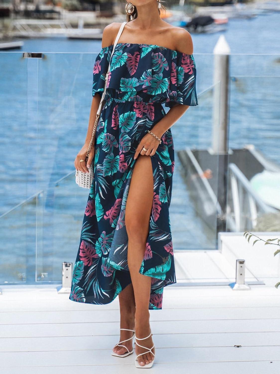 imageCUPSHE Women Ruffle Floral Maxi Summer Dress Off Shoulder Short Sleeve Backless Flounce Bodice Slit Hem Beach DressesBlue