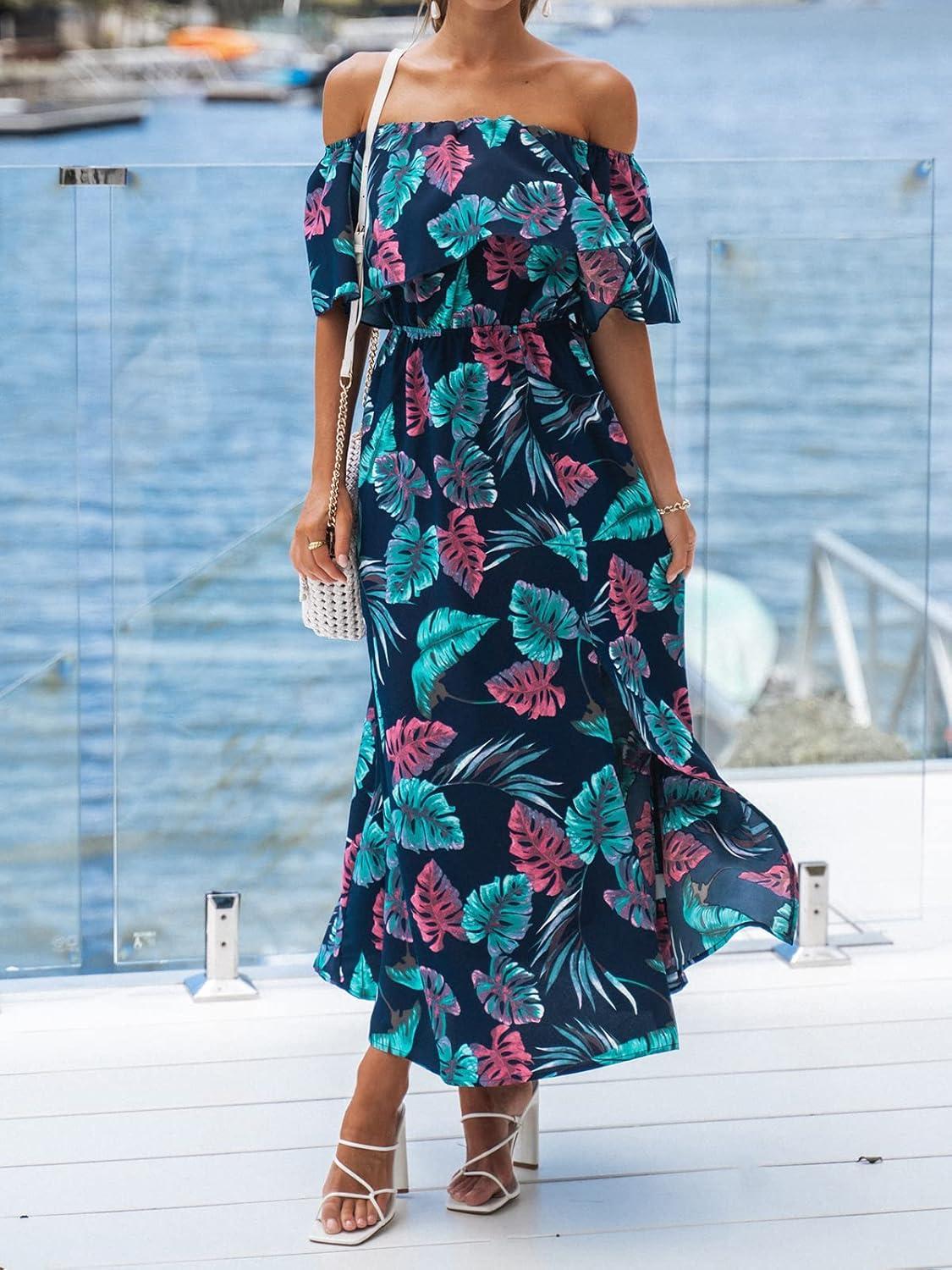 imageCUPSHE Women Ruffle Floral Maxi Summer Dress Off Shoulder Short Sleeve Backless Flounce Bodice Slit Hem Beach DressesBlue