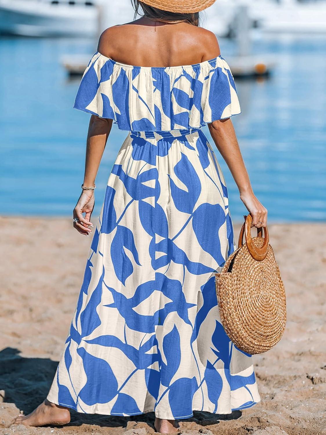 imageCUPSHE Women Ruffle Floral Maxi Summer Dress Off Shoulder Short Sleeve Backless Flounce Bodice Slit Hem Beach DressesLight Blue White