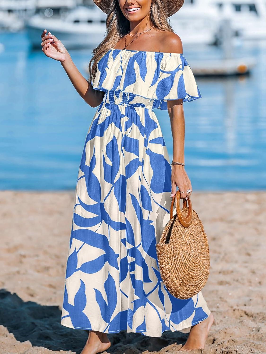 imageCUPSHE Women Ruffle Floral Maxi Summer Dress Off Shoulder Short Sleeve Backless Flounce Bodice Slit Hem Beach DressesLight Blue White