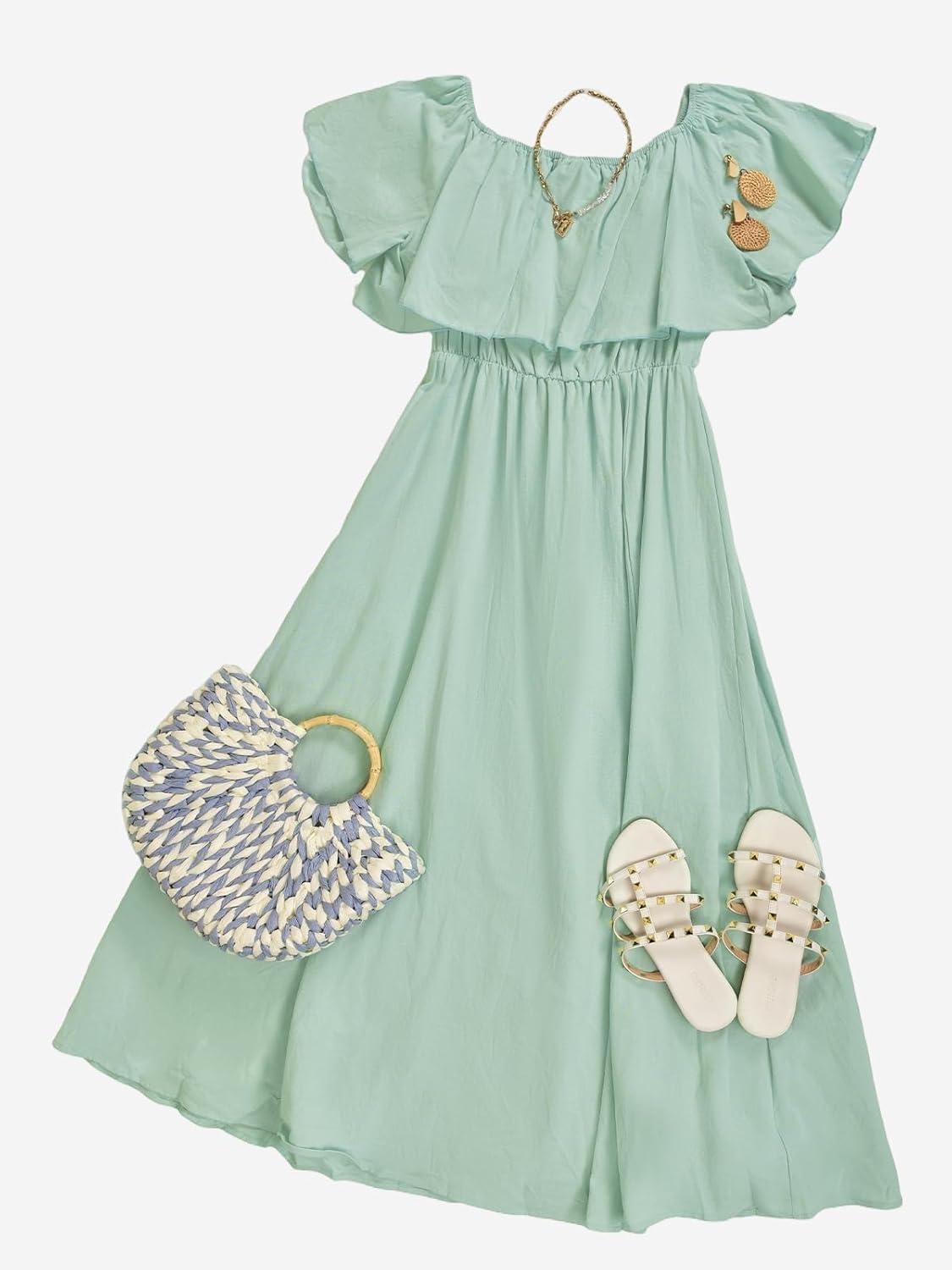 imageCUPSHE Women Ruffle Floral Maxi Summer Dress Off Shoulder Short Sleeve Backless Flounce Bodice Slit Hem Beach DressesMint