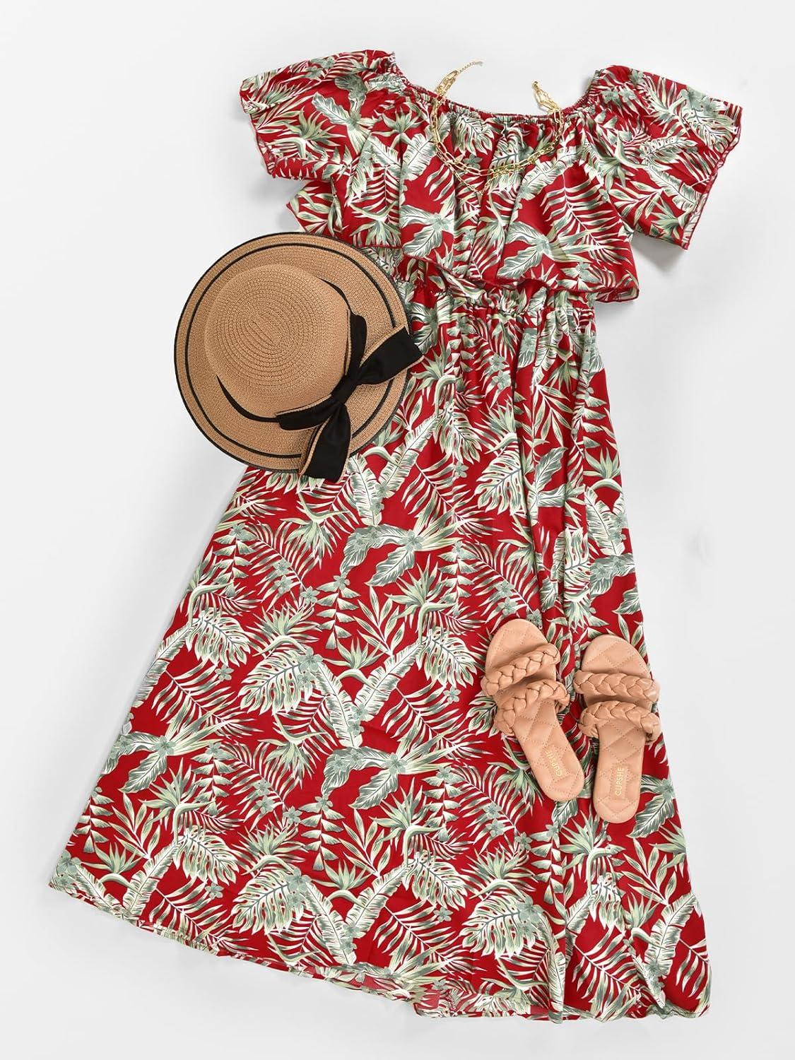 imageCUPSHE Women Ruffle Floral Maxi Summer Dress Off Shoulder Short Sleeve Backless Flounce Bodice Slit Hem Beach DressesRed Leaf