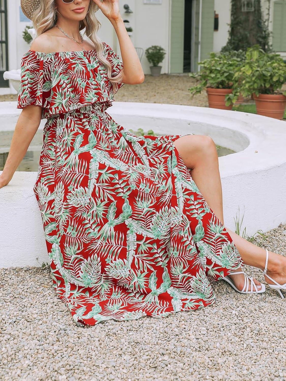 imageCUPSHE Women Ruffle Floral Maxi Summer Dress Off Shoulder Short Sleeve Backless Flounce Bodice Slit Hem Beach DressesRed Leaf