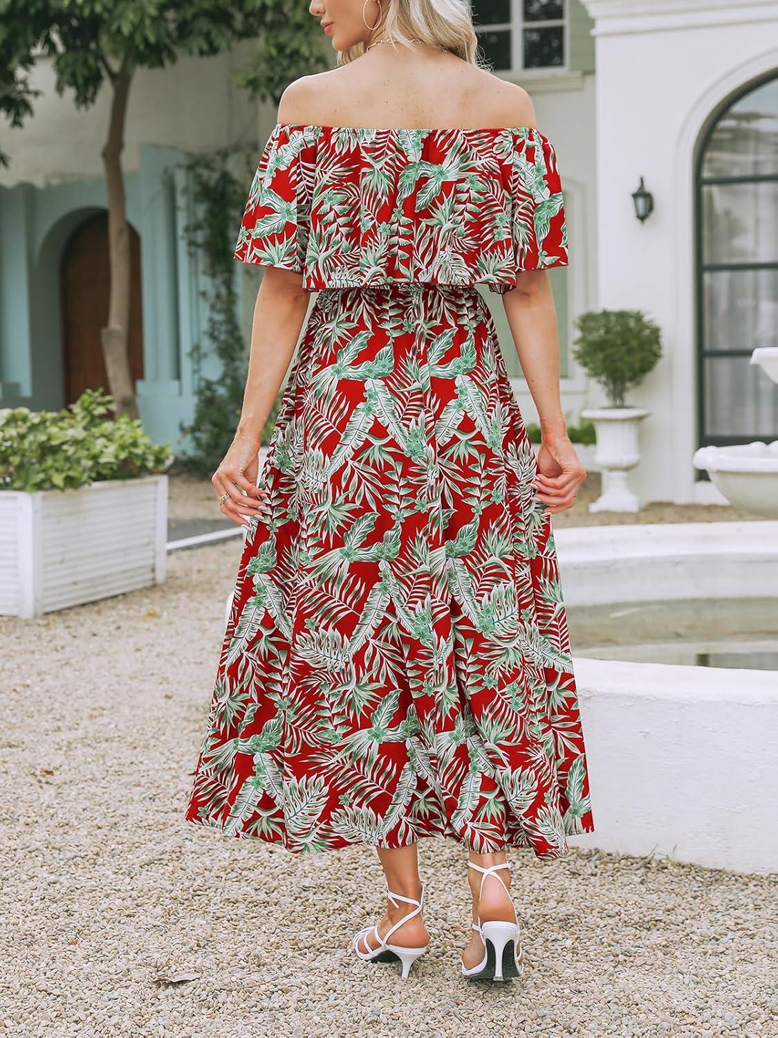 imageCUPSHE Women Ruffle Floral Maxi Summer Dress Off Shoulder Short Sleeve Backless Flounce Bodice Slit Hem Beach DressesRed Leaf