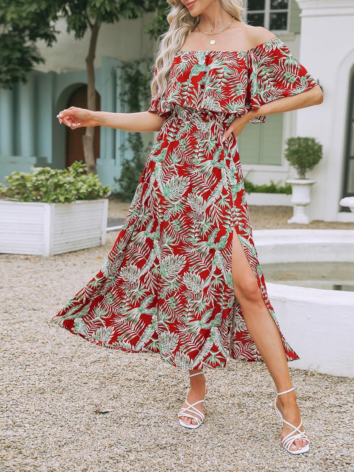imageCUPSHE Women Ruffle Floral Maxi Summer Dress Off Shoulder Short Sleeve Backless Flounce Bodice Slit Hem Beach DressesRed Leaf