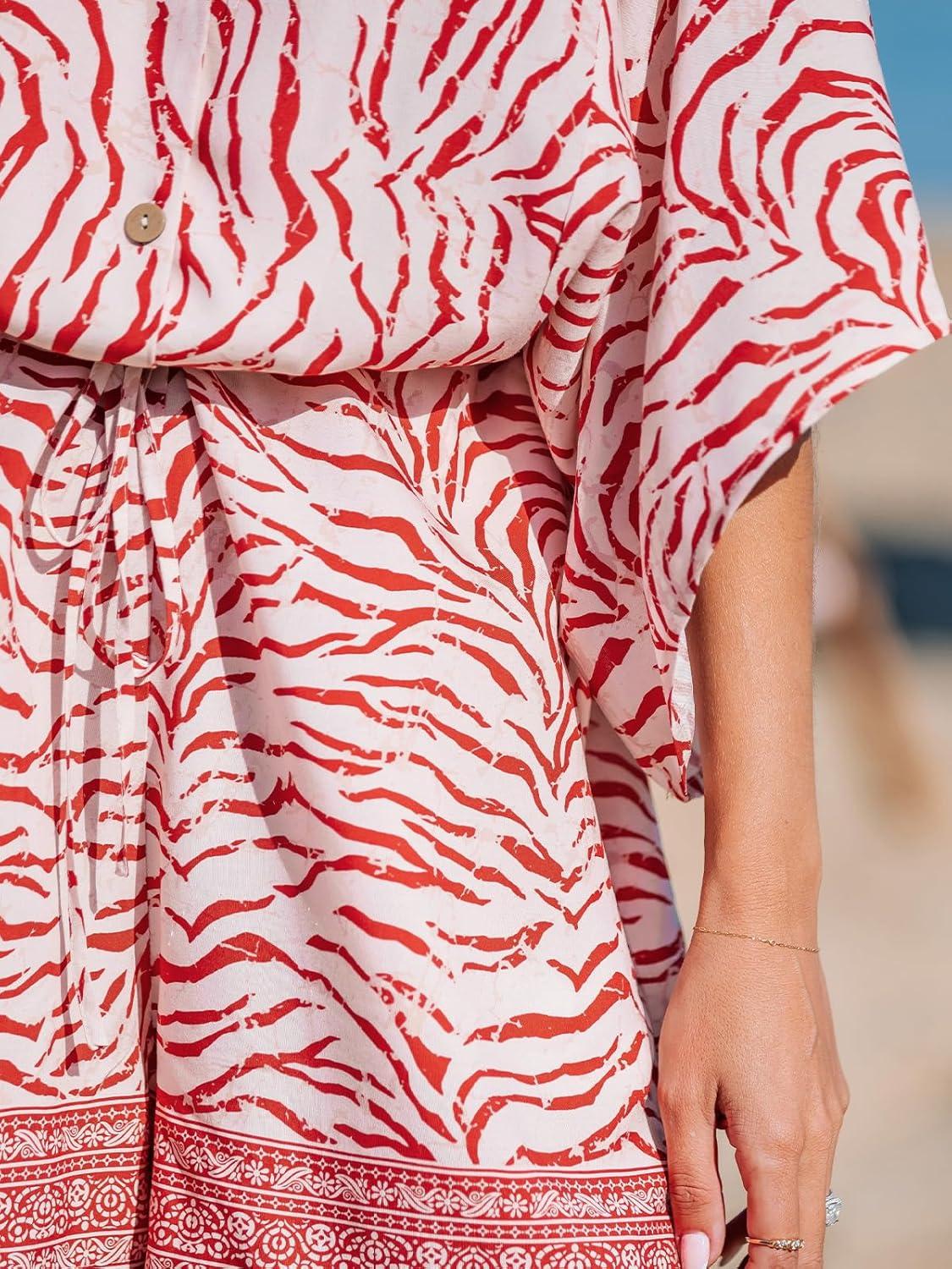 imageCUPSHE Womens Boho Floral Romper Short Sleeve V Neck Tie Waist Summer Beach Jumpsuit Tropical Resort Vacation OutfitsPink Stripe