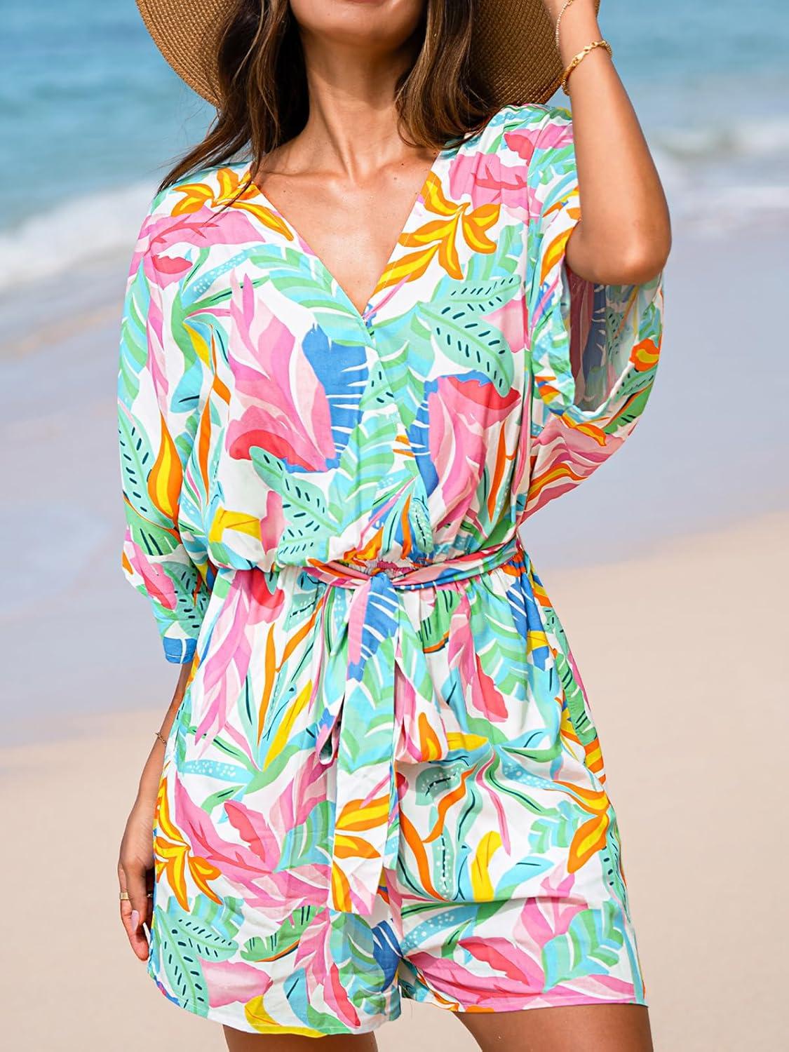 imageCUPSHE Womens Boho Floral Romper Short Sleeve V Neck Tie Waist Summer Beach Jumpsuit Tropical Resort Vacation OutfitsPinkgreen