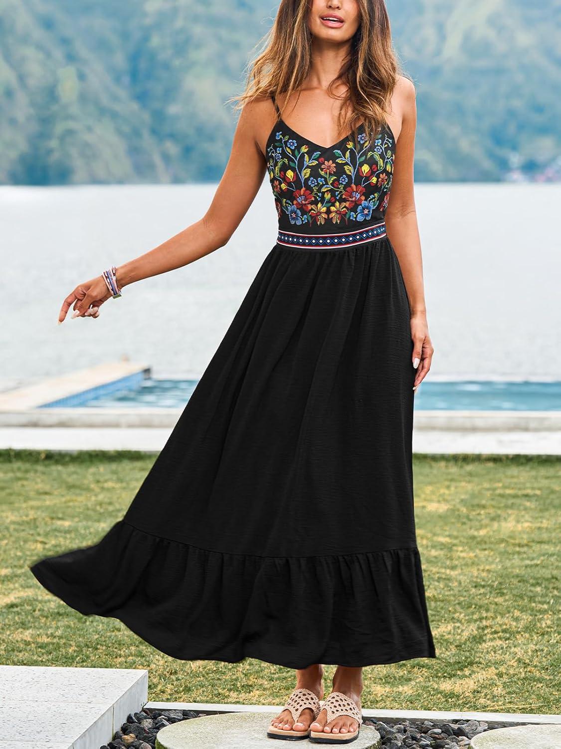 imageCUPSHE Womens Boho Maxi Dresses Spaghetti Strap V Neck Summer Beach Vacation Sundress Sleeveless Floral Self Tie Flowy DressBlack Floral